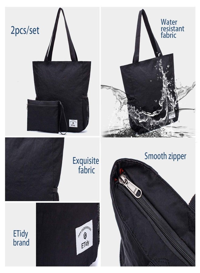 ETidy Large Capacity Foldable Tote Bag With Zipper Water-resistant Sandproof Women Beach Bag Handbag Gym Bag Travel Shopping Bag(Black) - Image 4